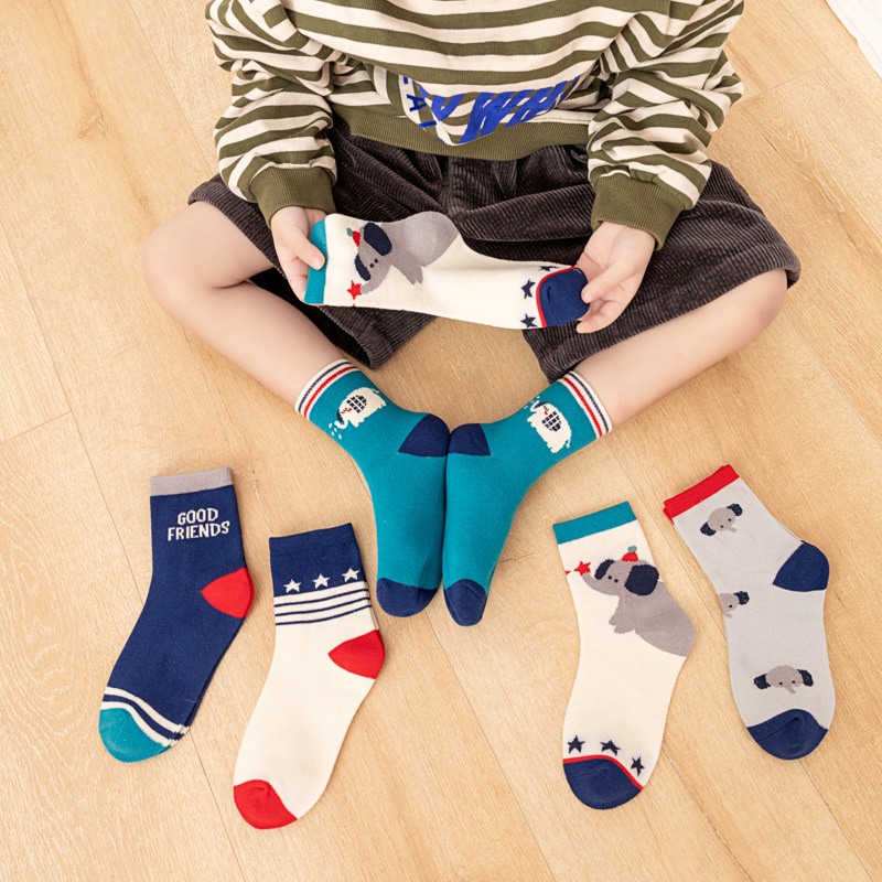 Cotton Crew Sock Pack - 5‑Pack Kids Boys Socks Cartoon Elephant
